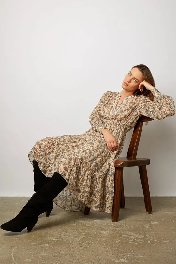 JANET LUREX THREAD PAISLEY PRINT MAXI DRESS