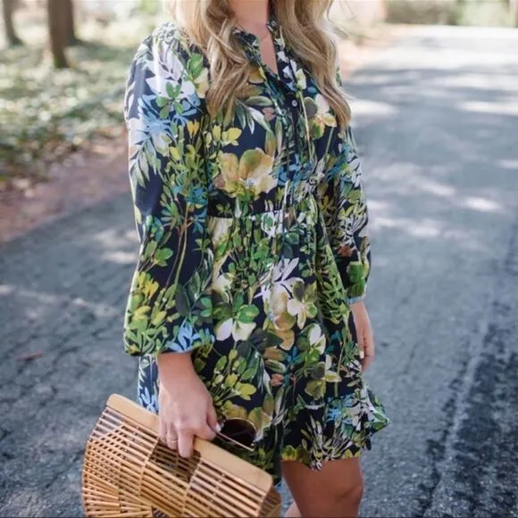 J. Crew Green Silk Watercolor Floral Ruffle mini dress preowned XS
