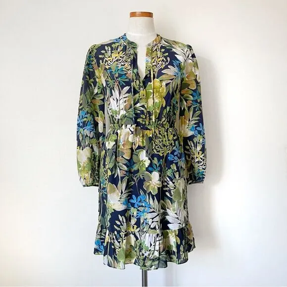 J. Crew Green Silk Watercolor Floral Ruffle mini dress preowned XS