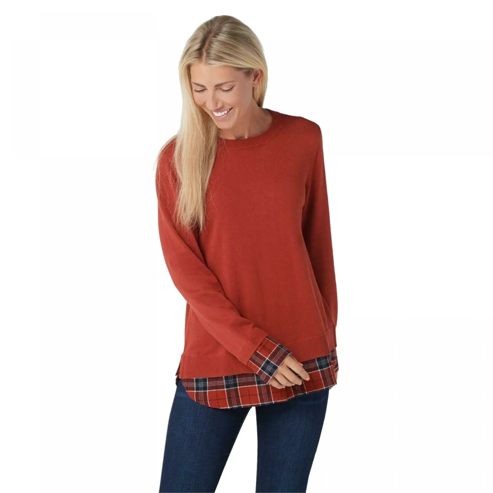 Joan Rivers Plus Size Long Sleeve Sweater With Plaid Cuffs And Hem