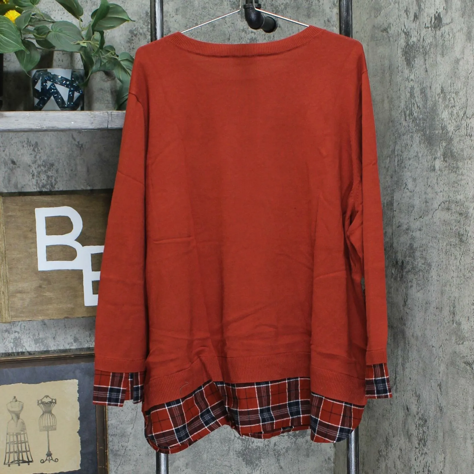 Joan Rivers Plus Size Long Sleeve Sweater With Plaid Cuffs And Hem