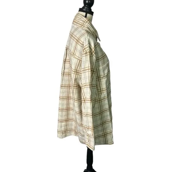 Jodifl Shacket‎ Womens Size 1X Ivory Tan Plaid Button Up Shirt Jacket Wool Blend
