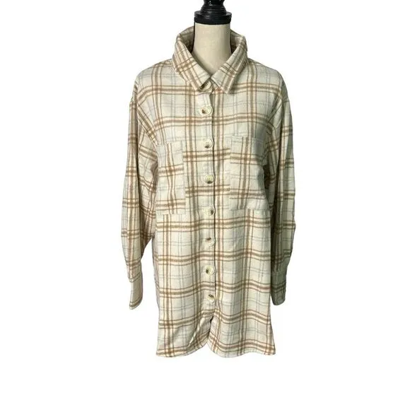 Jodifl Shacket‎ Womens Size 1X Ivory Tan Plaid Button Up Shirt Jacket Wool Blend