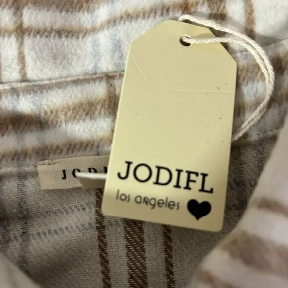 Jodifl Shacket‎ Womens Size 1X Ivory Tan Plaid Button Up Shirt Jacket Wool Blend