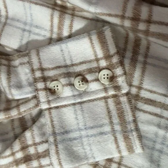 Jodifl Shacket‎ Womens Size 1X Ivory Tan Plaid Button Up Shirt Jacket Wool Blend