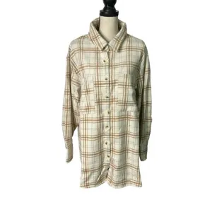 Jodifl Shacket‎ Womens Size 1X Ivory Tan Plaid Button Up Shirt Jacket Wool Blend