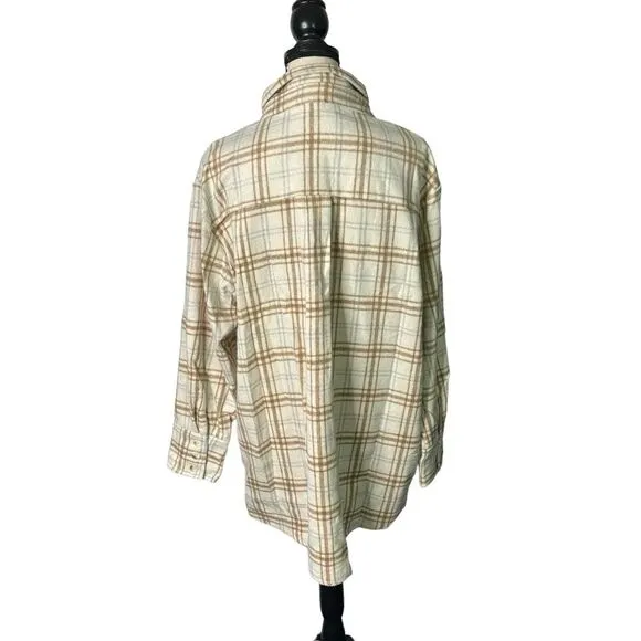 Jodifl Shacket‎ Womens Size 1X Ivory Tan Plaid Button Up Shirt Jacket Wool Blend