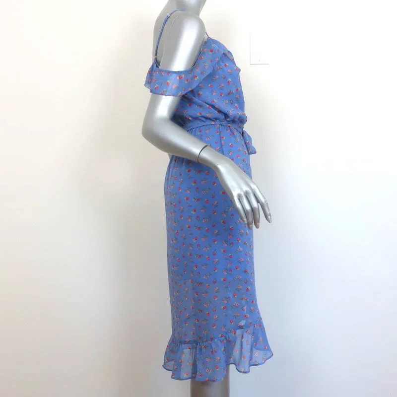 Joie Cold-Shoulder Dress Dinesha Blue Ruffled Strawberry Print Silk Size Small