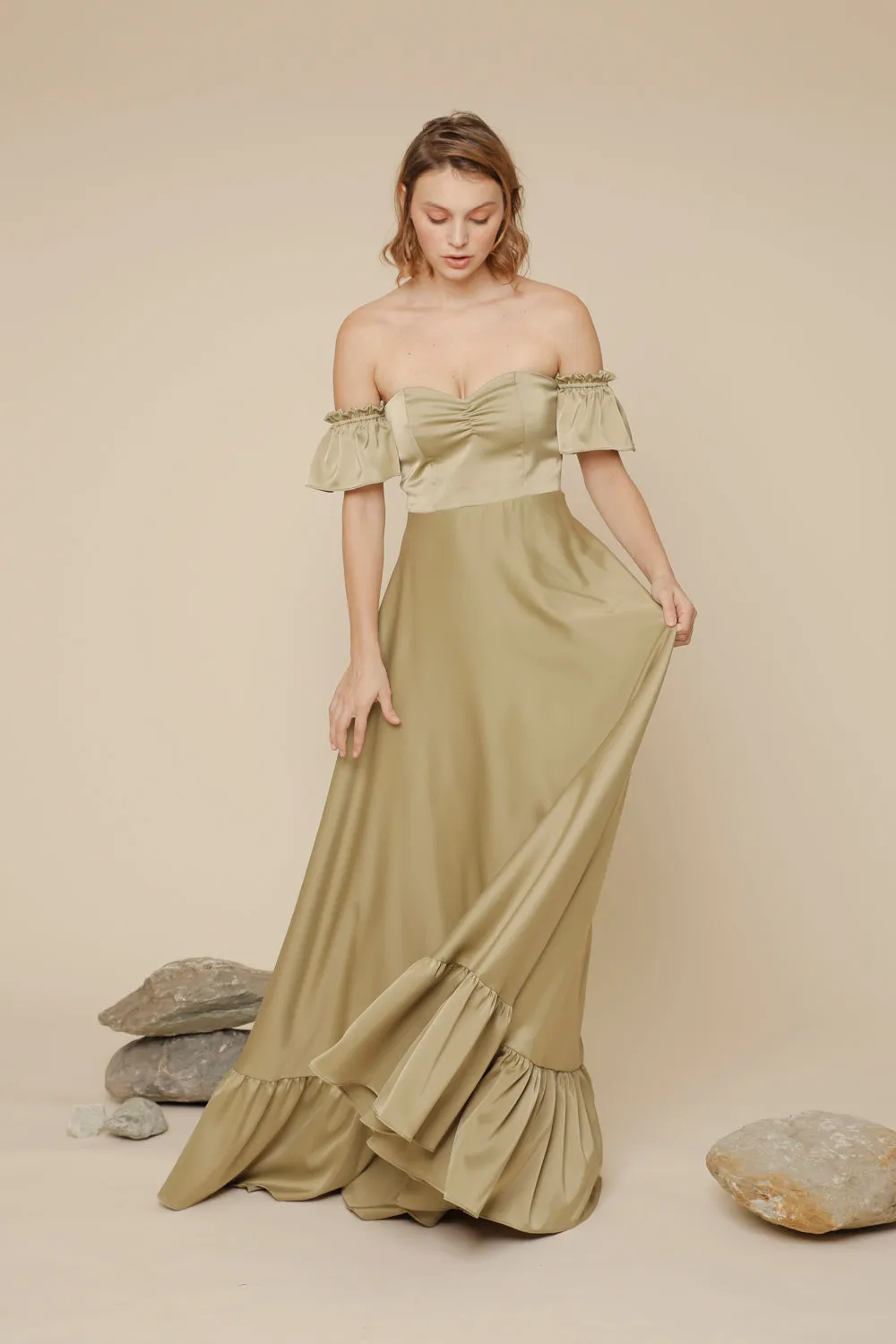 JOSEFINA Off Shoulder Maxi Dress with Ruffled Hem (Olive Silk Crepe)