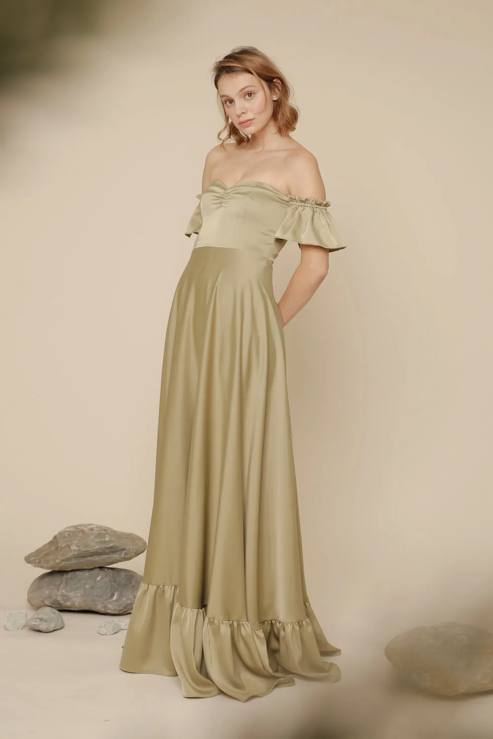 JOSEFINA Off Shoulder Maxi Dress with Ruffled Hem (Olive Silk Crepe)