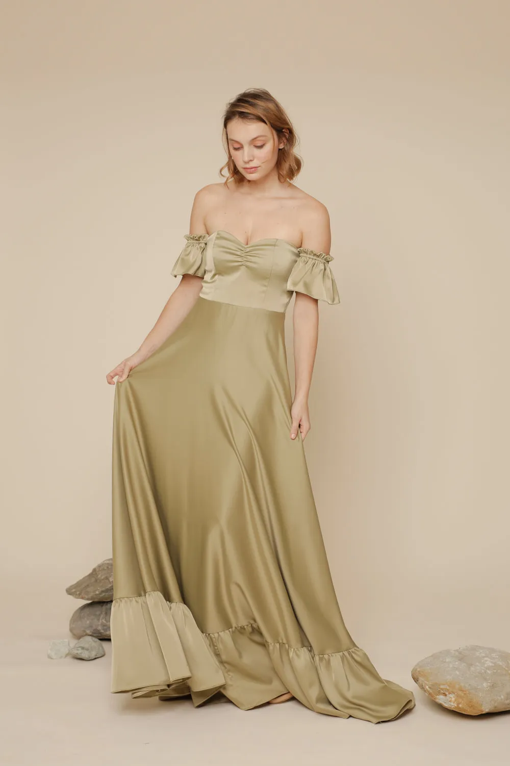 JOSEFINA Off Shoulder Maxi Dress with Ruffled Hem (Olive Silk Crepe)