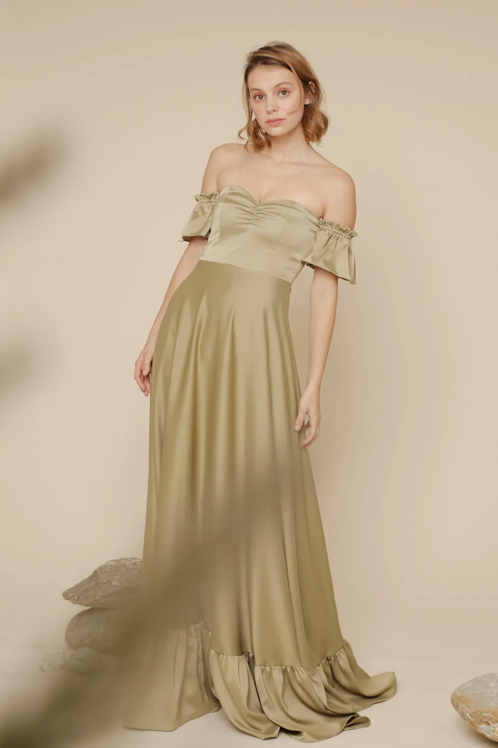 JOSEFINA Off Shoulder Maxi Dress with Ruffled Hem (Olive Silk Crepe)