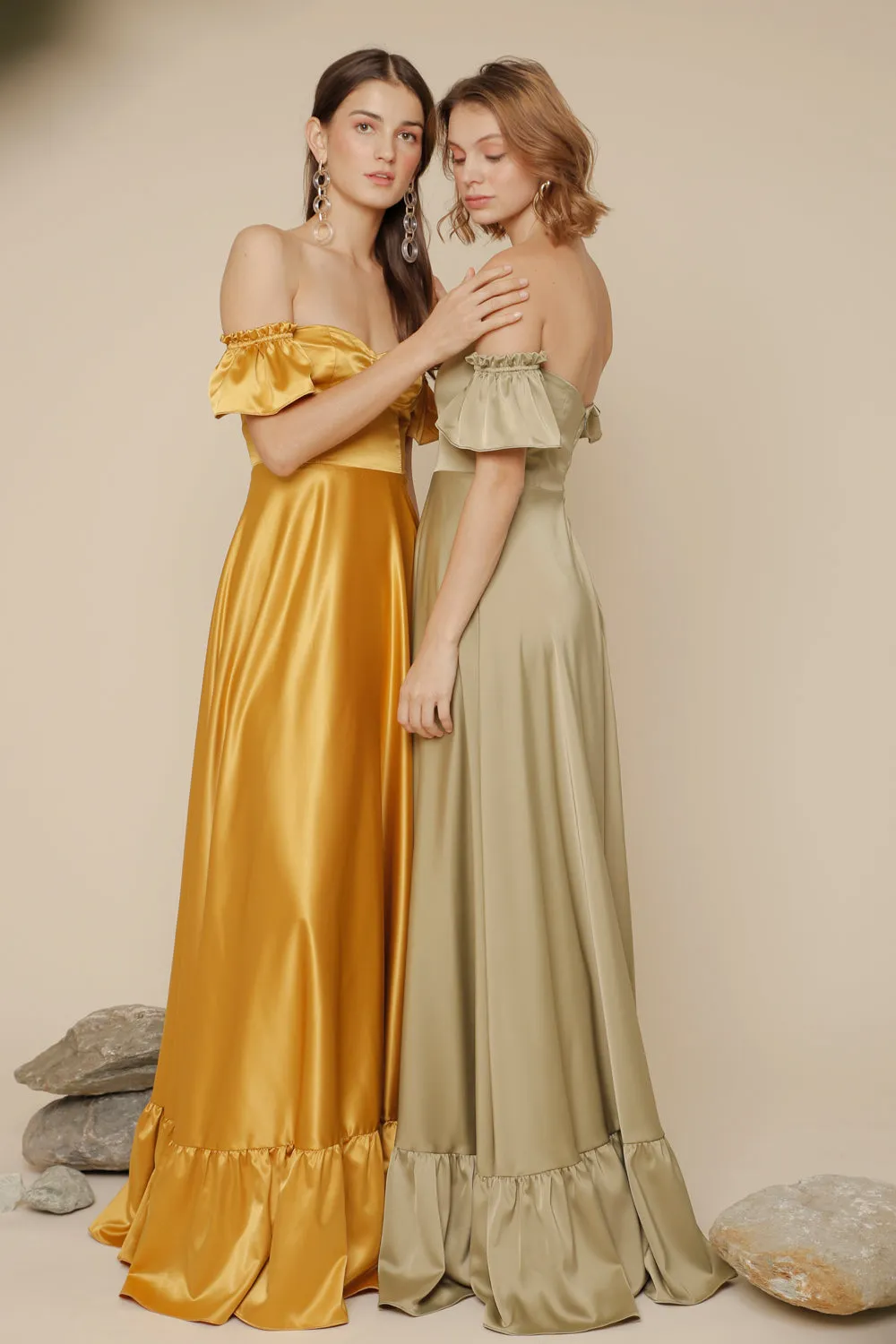 JOSEFINA Off Shoulder Maxi Dress with Ruffled Hem (Olive Silk Crepe)
