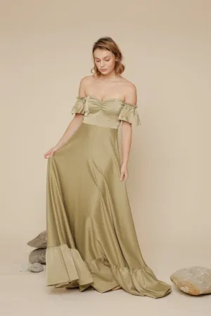 JOSEFINA Off Shoulder Maxi Dress with Ruffled Hem (Olive Silk Crepe)