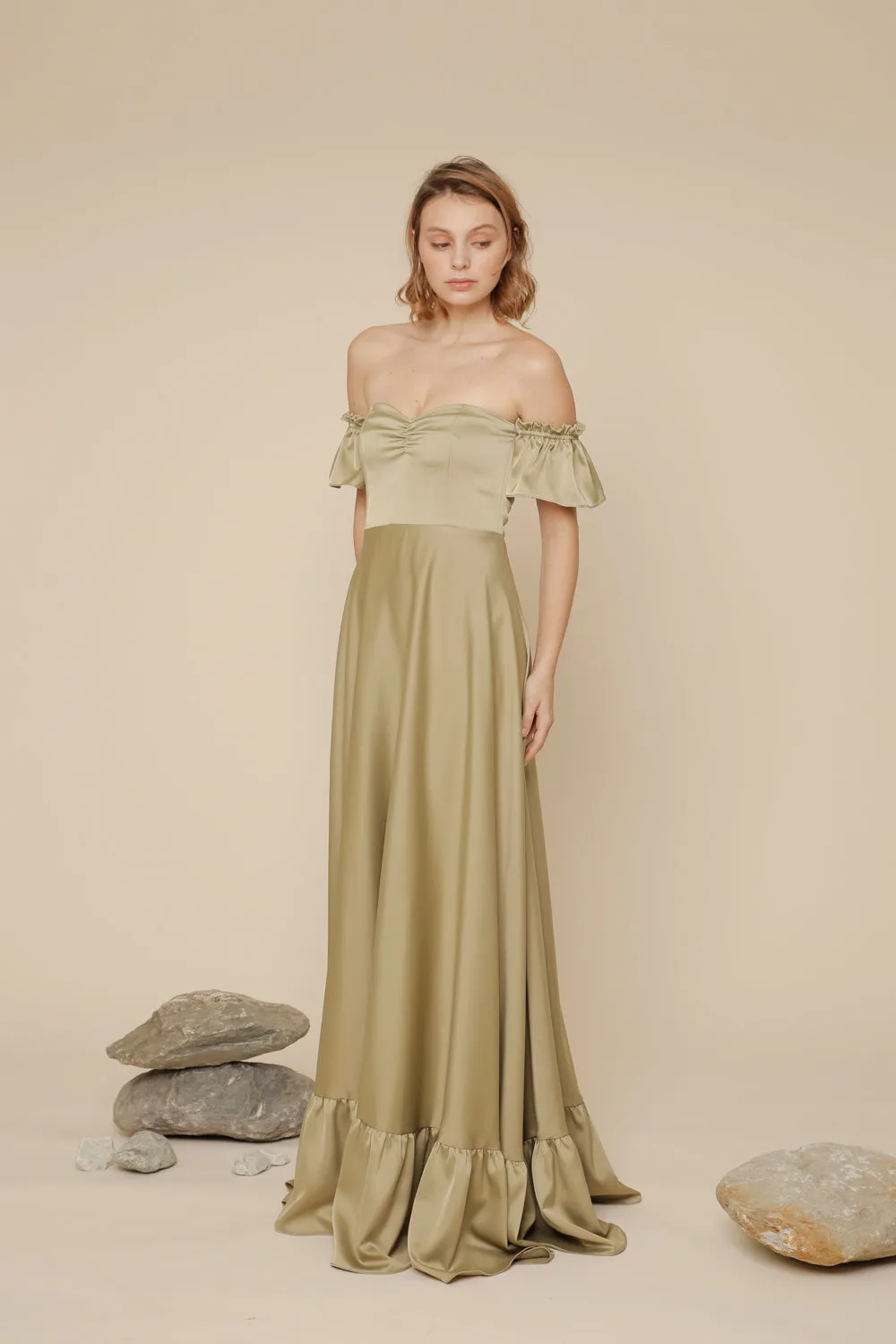 JOSEFINA Off Shoulder Maxi Dress with Ruffled Hem (Olive Silk Crepe)