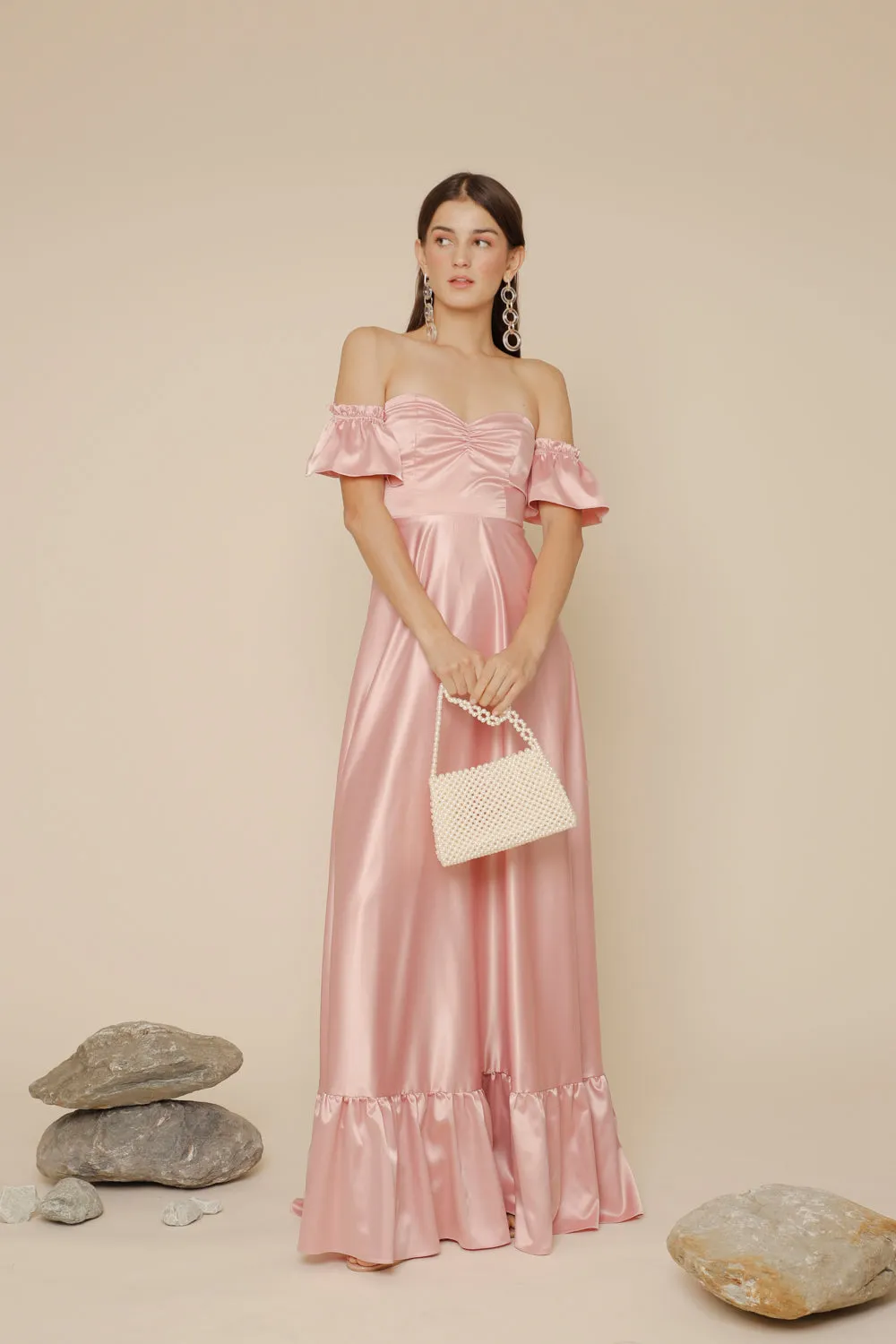 JOSEFINA Off Shoulder Maxi Dress with Ruffled Hem (Rose Pink Silk)