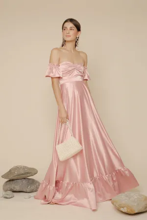 JOSEFINA Off Shoulder Maxi Dress with Ruffled Hem (Rose Pink Silk)