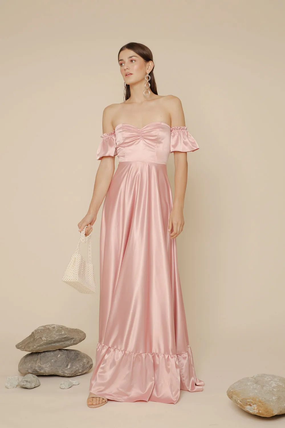JOSEFINA Off Shoulder Maxi Dress with Ruffled Hem (Rose Pink Silk)
