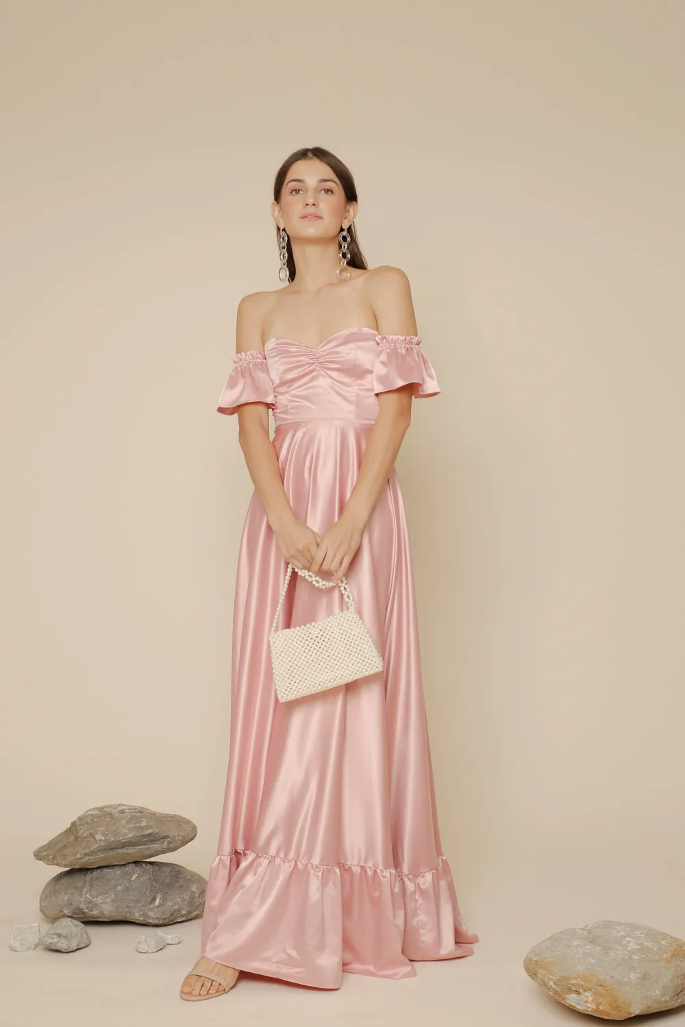 JOSEFINA Off Shoulder Maxi Dress with Ruffled Hem (Rose Pink Silk)