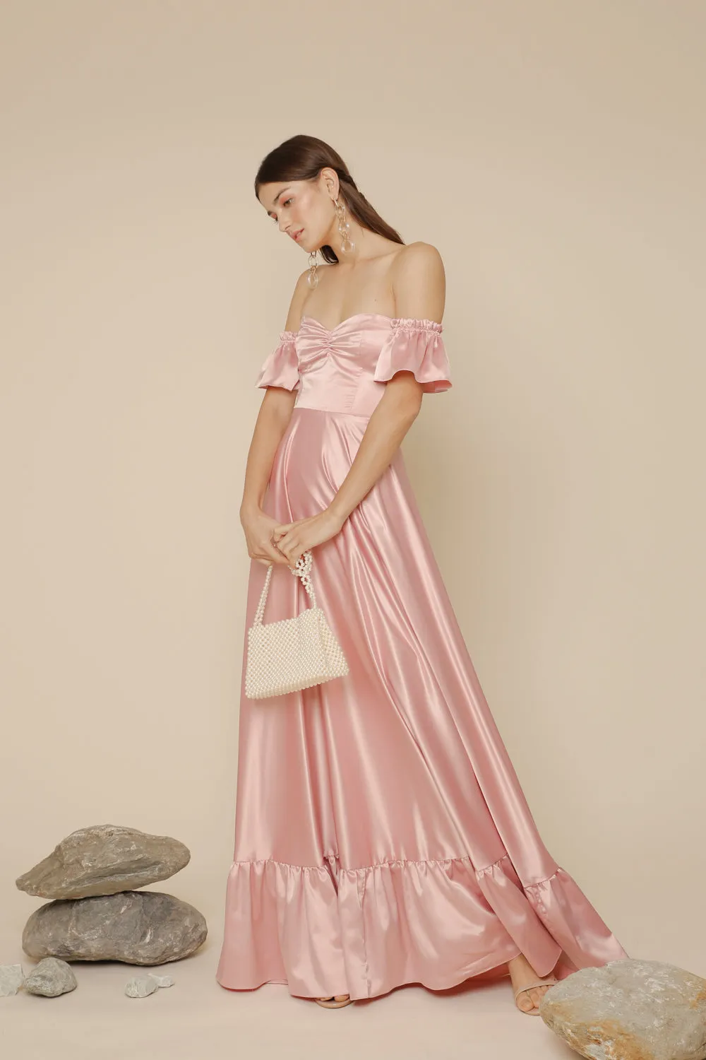 JOSEFINA Off Shoulder Maxi Dress with Ruffled Hem (Rose Pink Silk)
