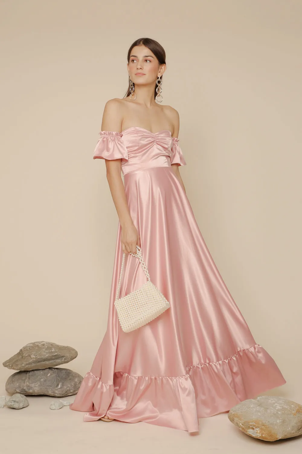 JOSEFINA Off Shoulder Maxi Dress with Ruffled Hem (Rose Pink Silk)