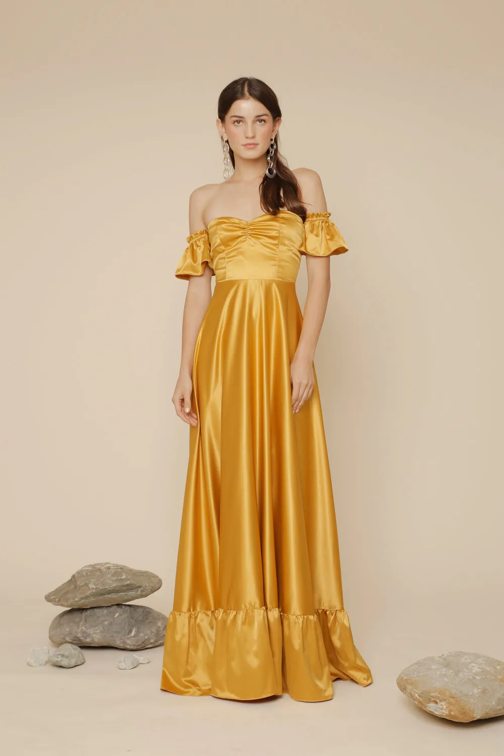 JOSEFINA Off Shoulder Maxi Dress with Ruffled Hem (Yellow Silk)