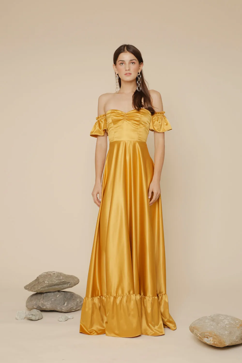JOSEFINA Off Shoulder Maxi Dress with Ruffled Hem (Yellow Silk)