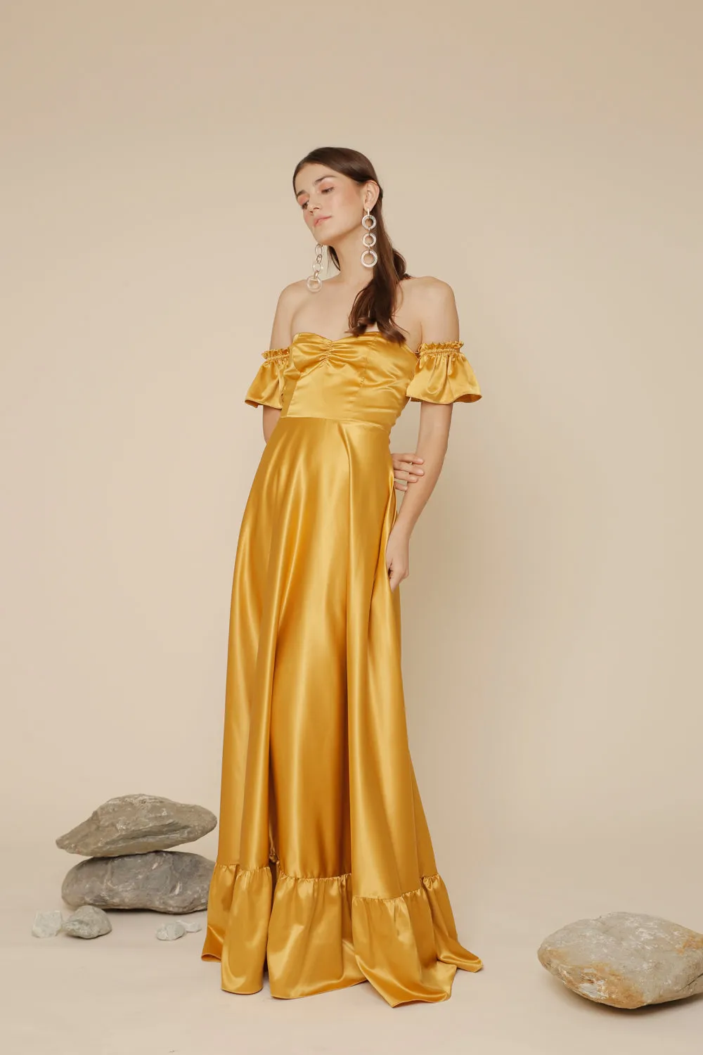 JOSEFINA Off Shoulder Maxi Dress with Ruffled Hem (Yellow Silk)