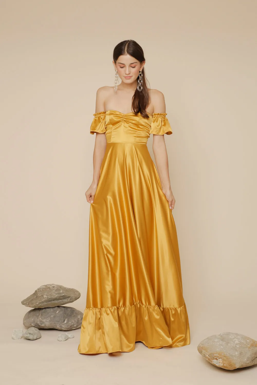 JOSEFINA Off Shoulder Maxi Dress with Ruffled Hem (Yellow Silk)