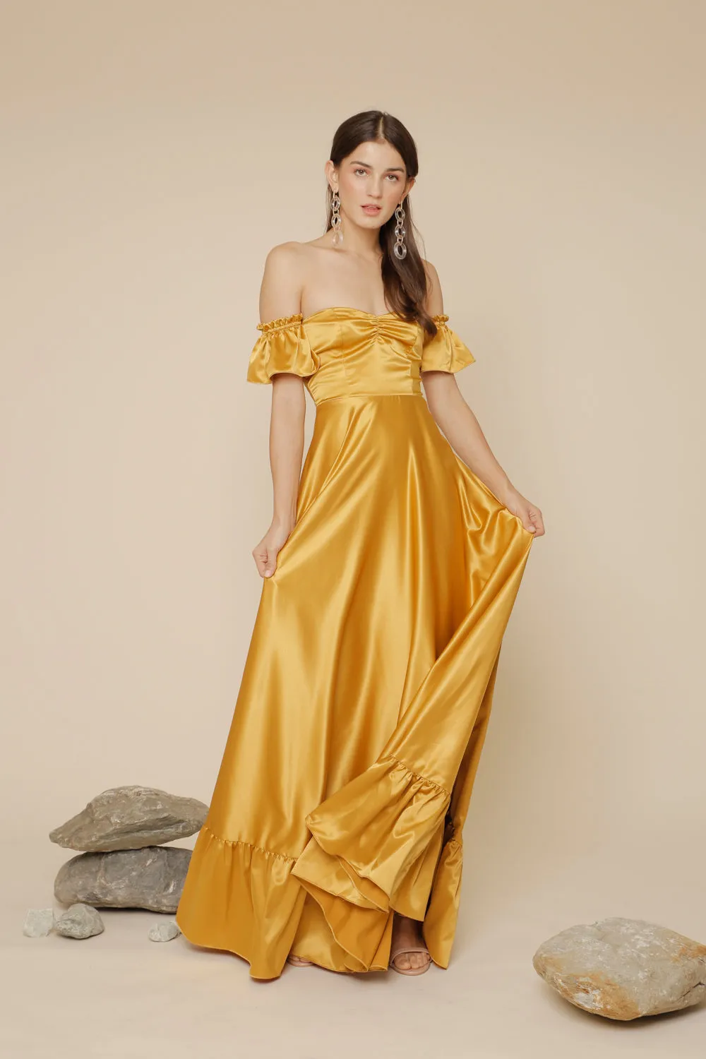 JOSEFINA Off Shoulder Maxi Dress with Ruffled Hem (Yellow Silk)