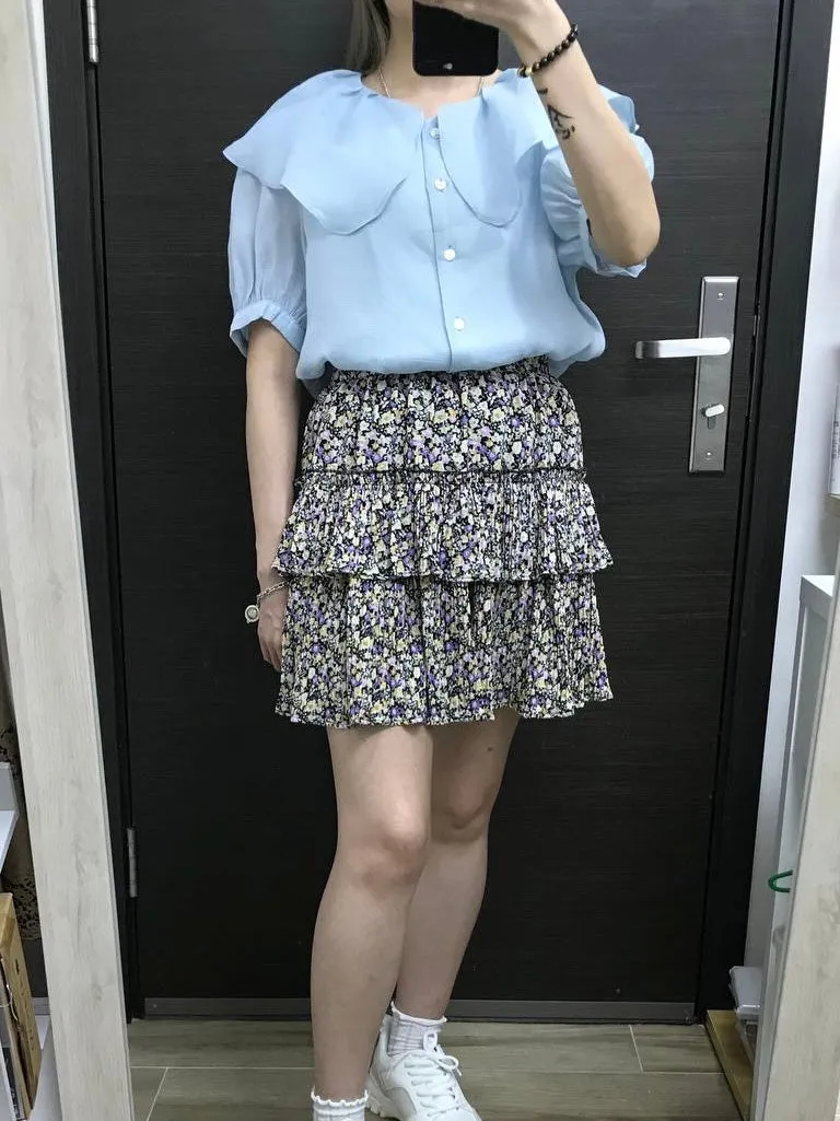 K046 撞色小花三層短裙