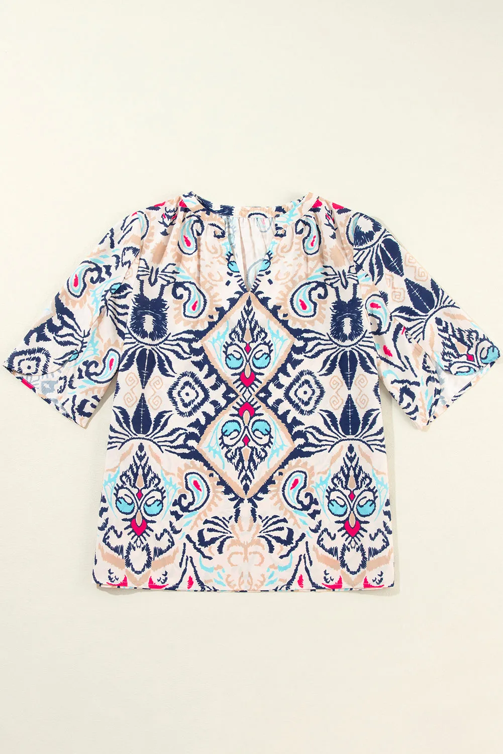 KaleaBoutique Abstract Printed Notched V Neck Split Half Sleeve Blouse