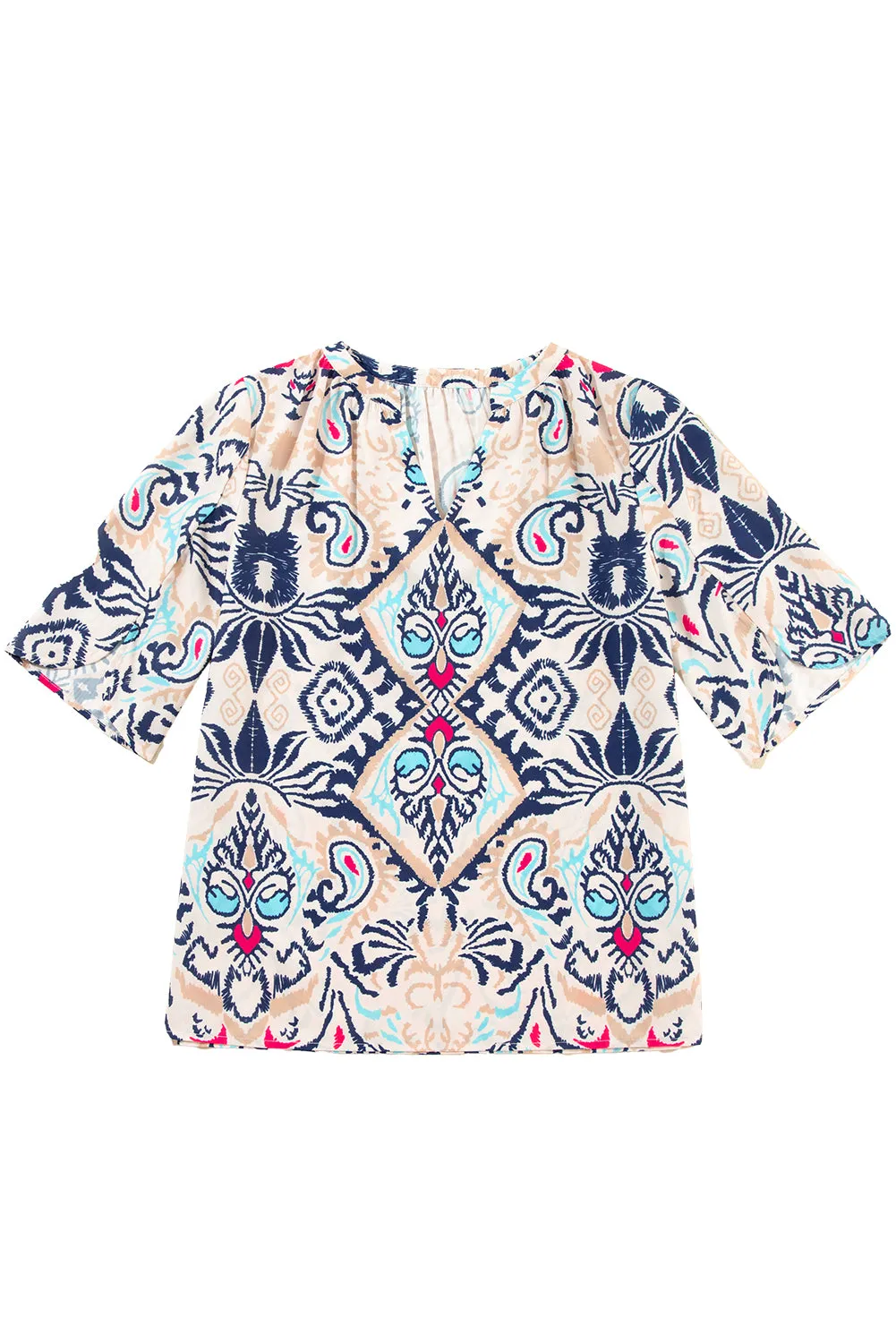 KaleaBoutique Abstract Printed Notched V Neck Split Half Sleeve Blouse