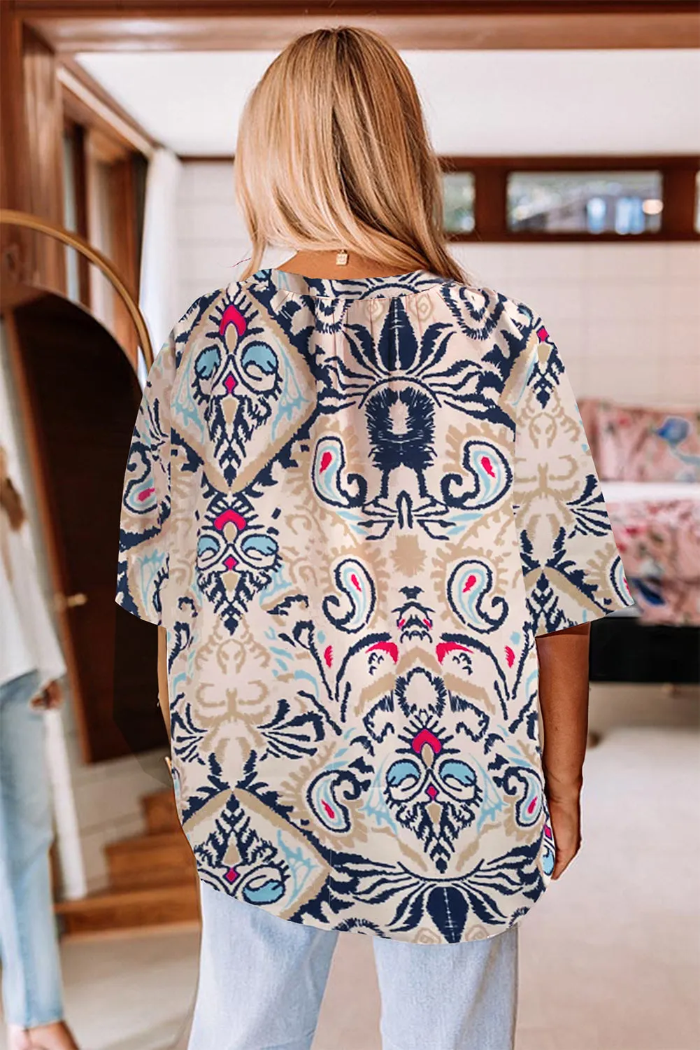 KaleaBoutique Abstract Printed Notched V Neck Split Half Sleeve Blouse