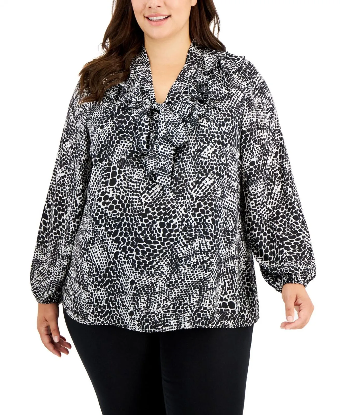 Kasper Womens Plus Size Printed Ruffled Long-Sleeve Blouse 10852611