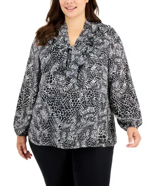 Kasper Womens Plus Size Printed Ruffled Long-Sleeve Blouse 10852611