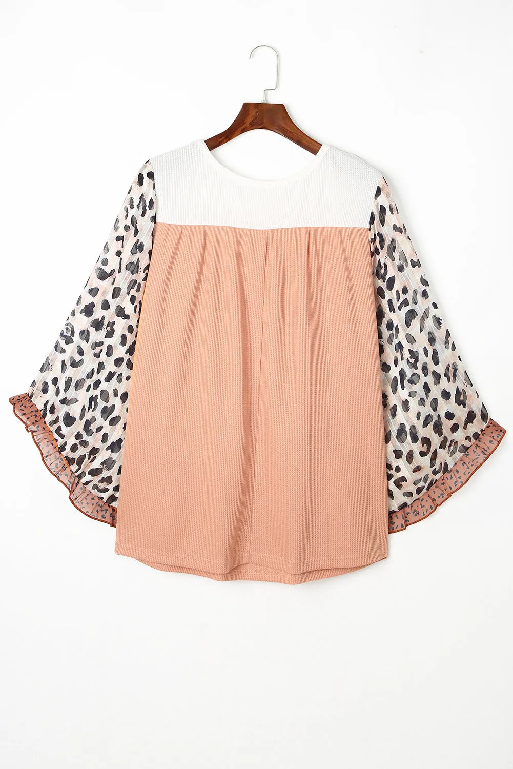 Khaki Printed Plus Ruffle Leopard Sleeve Waffled Color Block Top