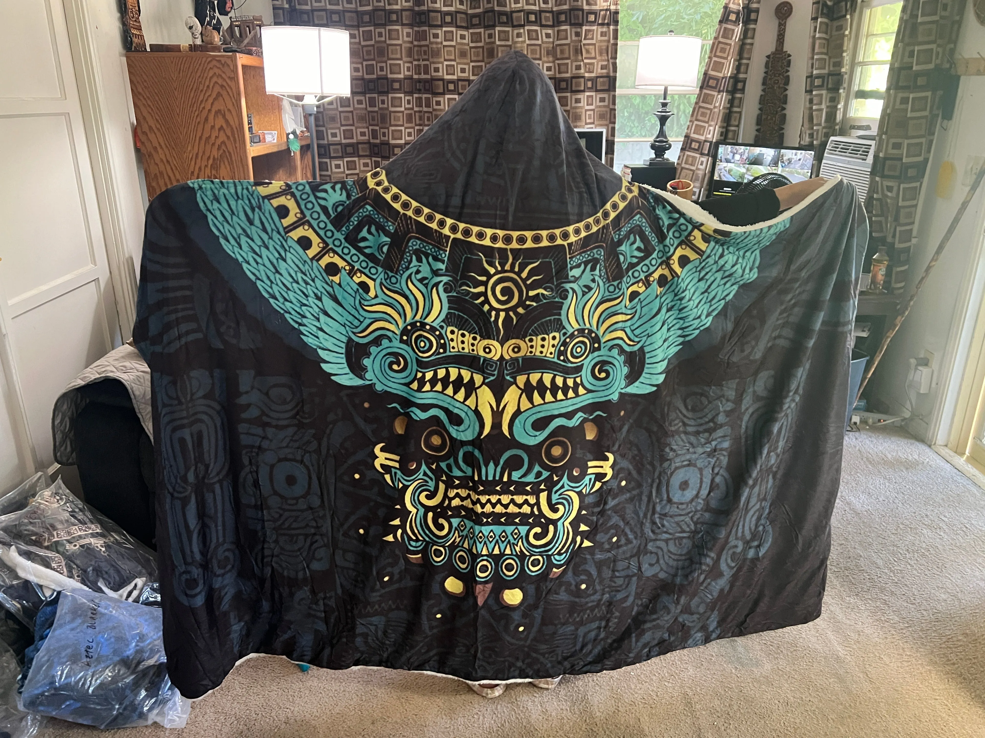 KIDs Aztec Quetzalcoatl Skull 3d All Over printed Hooded Blanket Poncho Sherpa Fleece Wearable Blanket Microfiber Bedding