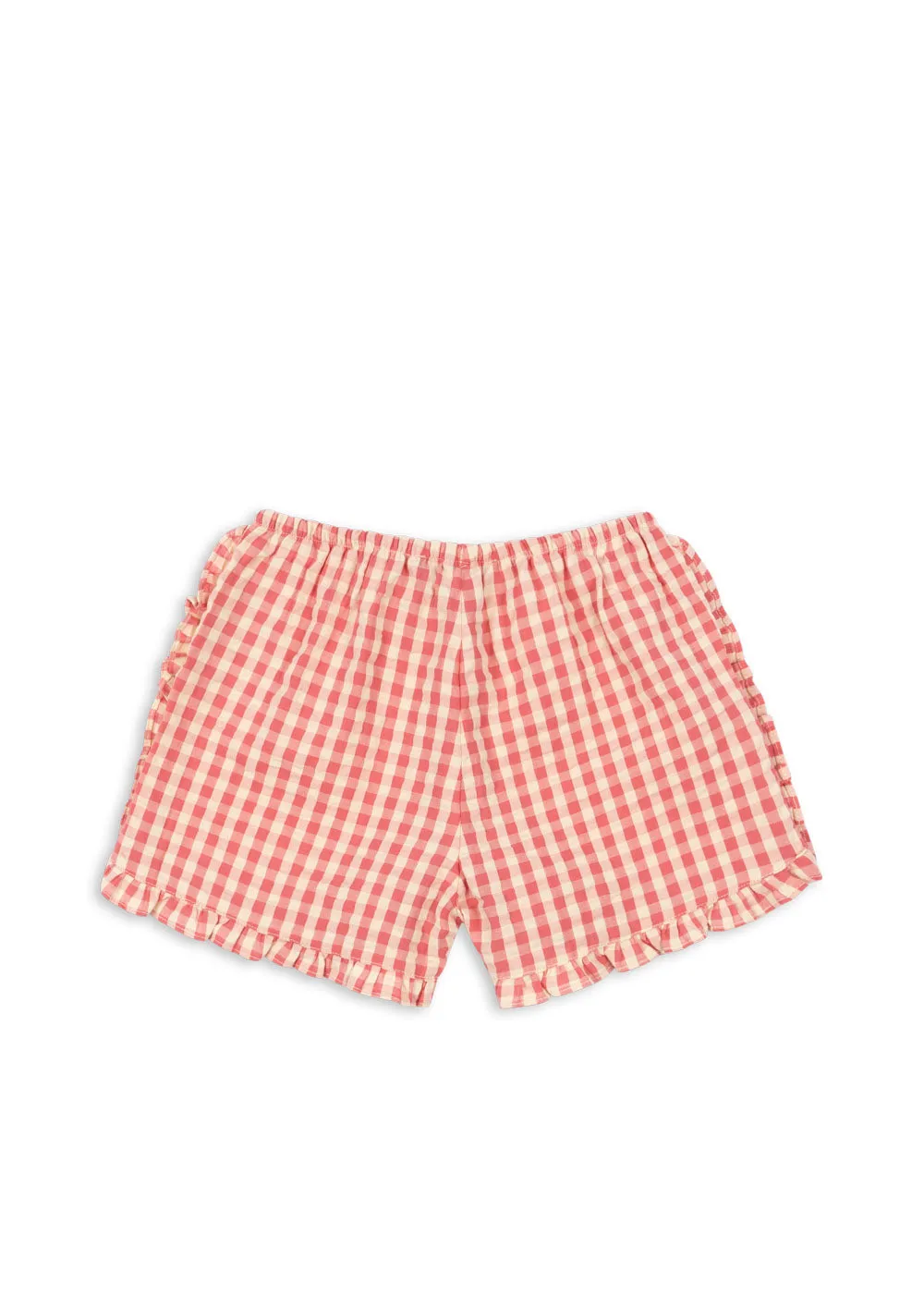 KIM FRILL SHORTS GOTS - flamingo plume check
