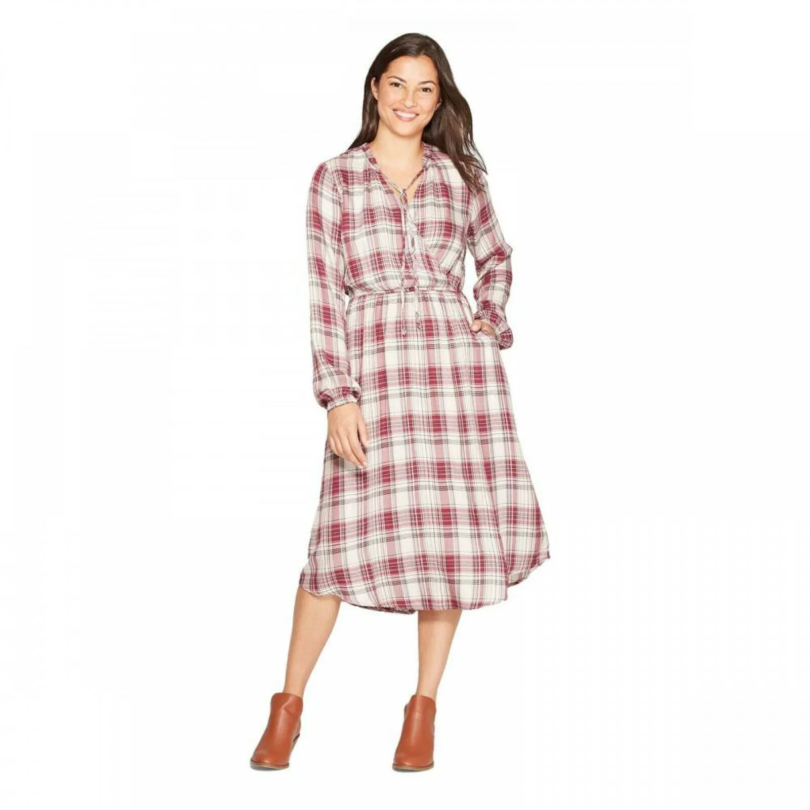Knox Rose Women's Plaid Long Sleeve Midi Dress