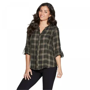 Knox Rose Women's Roll Plaid Long Sleeve V-Neck Button Front Shift Blouse