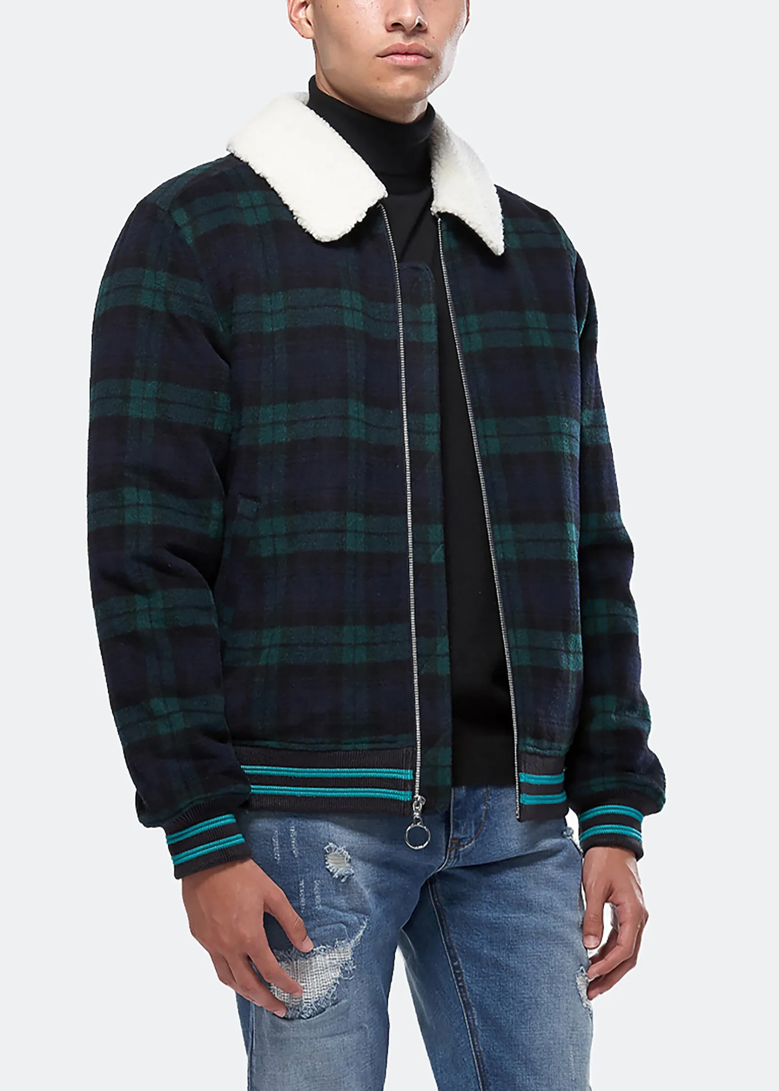 Konus Men's Wool Blend Plaid Jacket with Sherpa Collar in Green