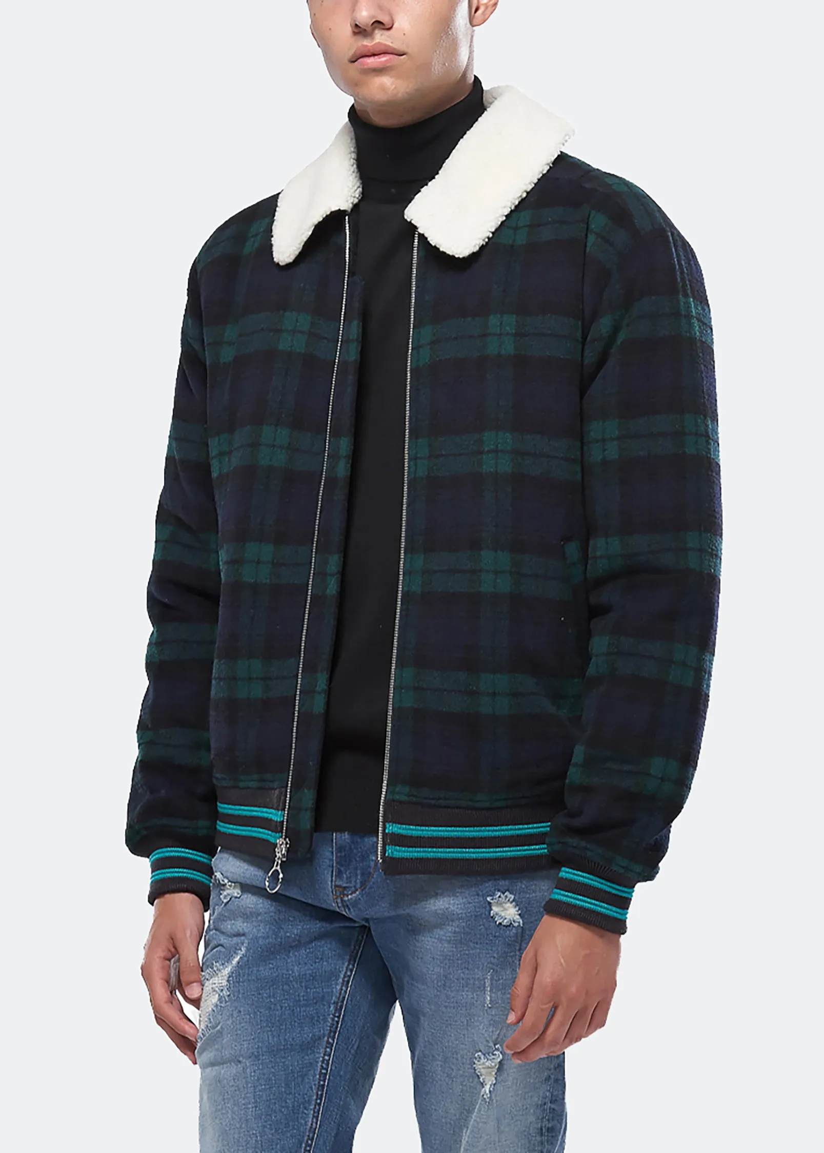 Konus Men's Wool Blend Plaid Jacket with Sherpa Collar in Green