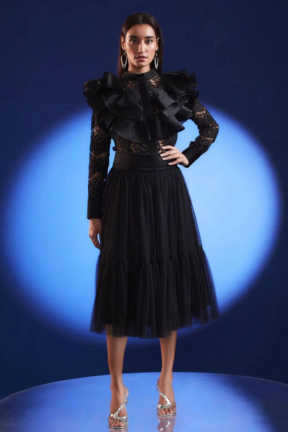 Lace Ruffled Shirt And Midi Skirt Set