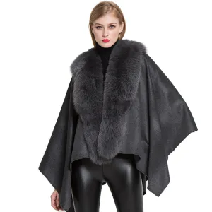 Ladies' Genuine Cashmere Ponchos Fur Capes with Real Fox Fur Dark Grey Shawl