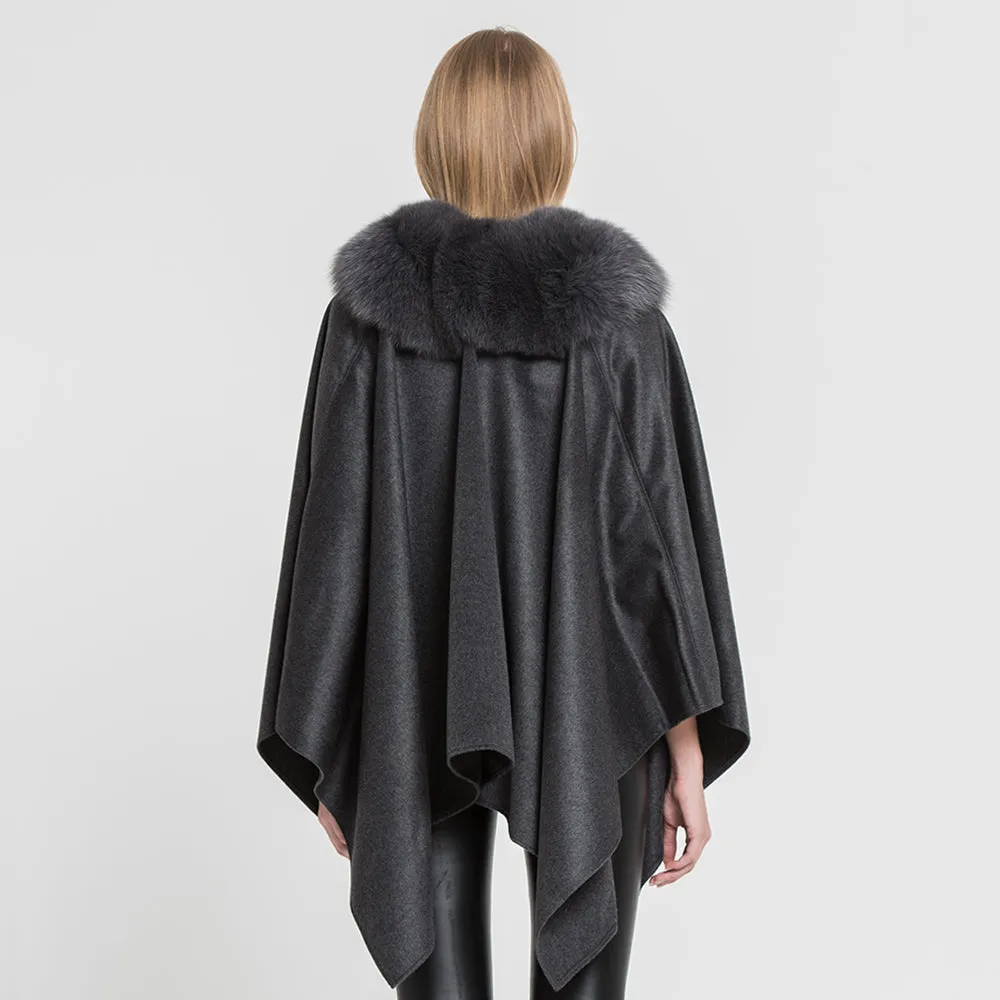 Ladies' Genuine Cashmere Ponchos Fur Capes with Real Fox Fur Dark Grey Shawl