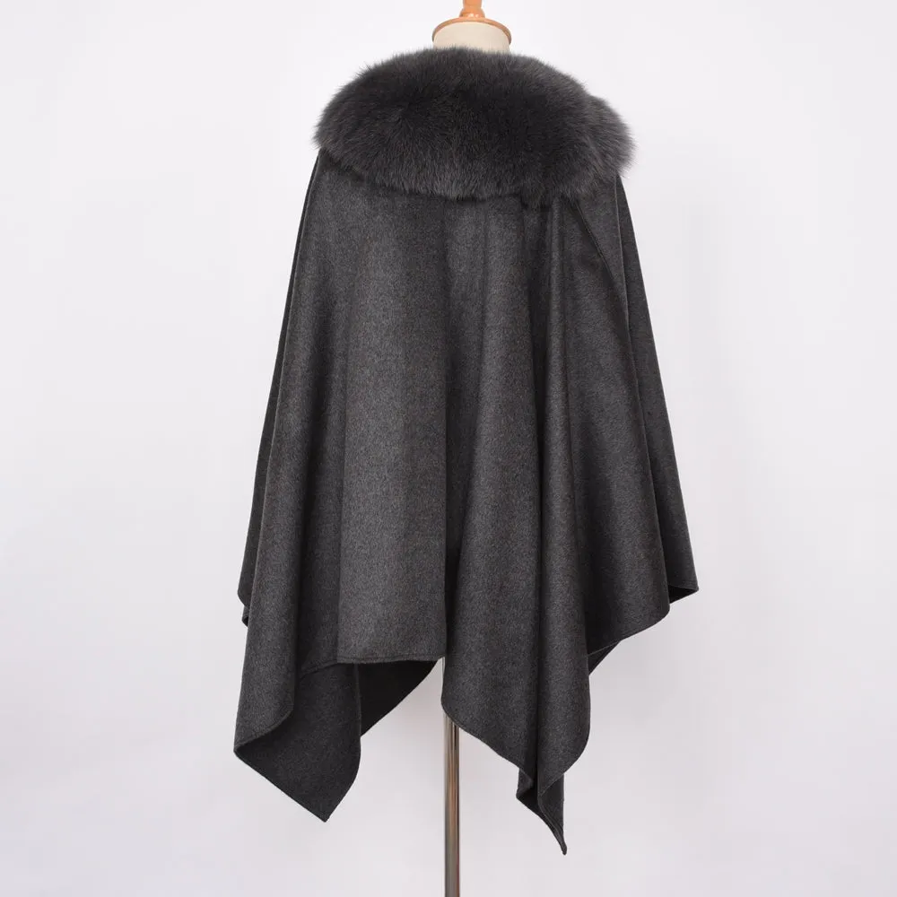 Ladies' Genuine Cashmere Ponchos Fur Capes with Real Fox Fur Dark Grey Shawl