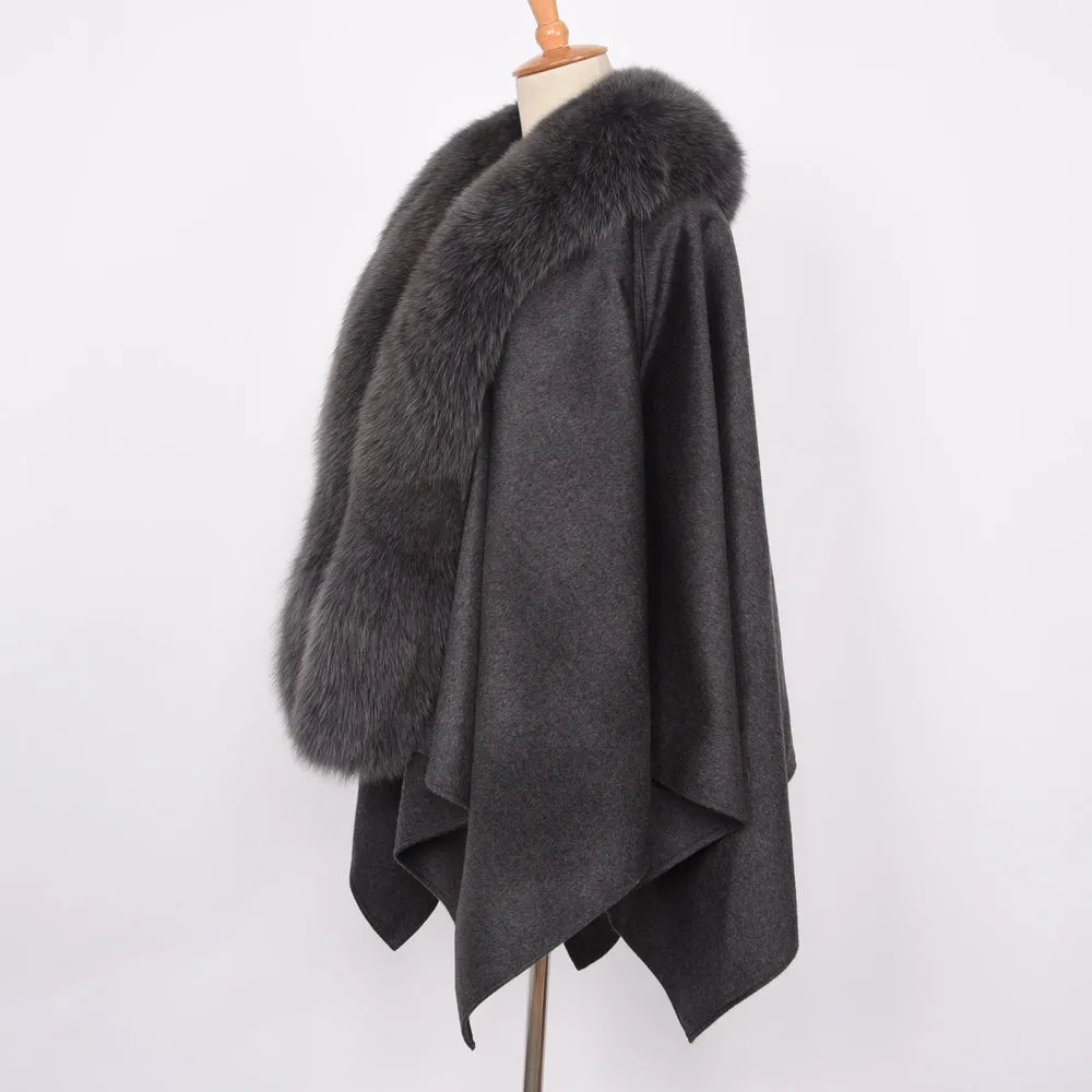 Ladies' Genuine Cashmere Ponchos Fur Capes with Real Fox Fur Dark Grey Shawl