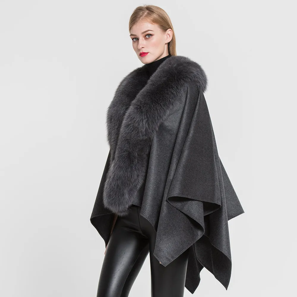 Ladies' Genuine Cashmere Ponchos Fur Capes with Real Fox Fur Dark Grey Shawl