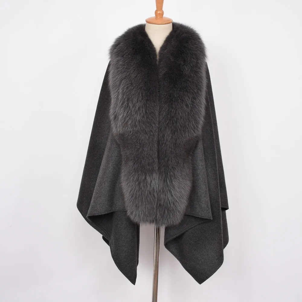 Ladies' Genuine Cashmere Ponchos Fur Capes with Real Fox Fur Dark Grey Shawl